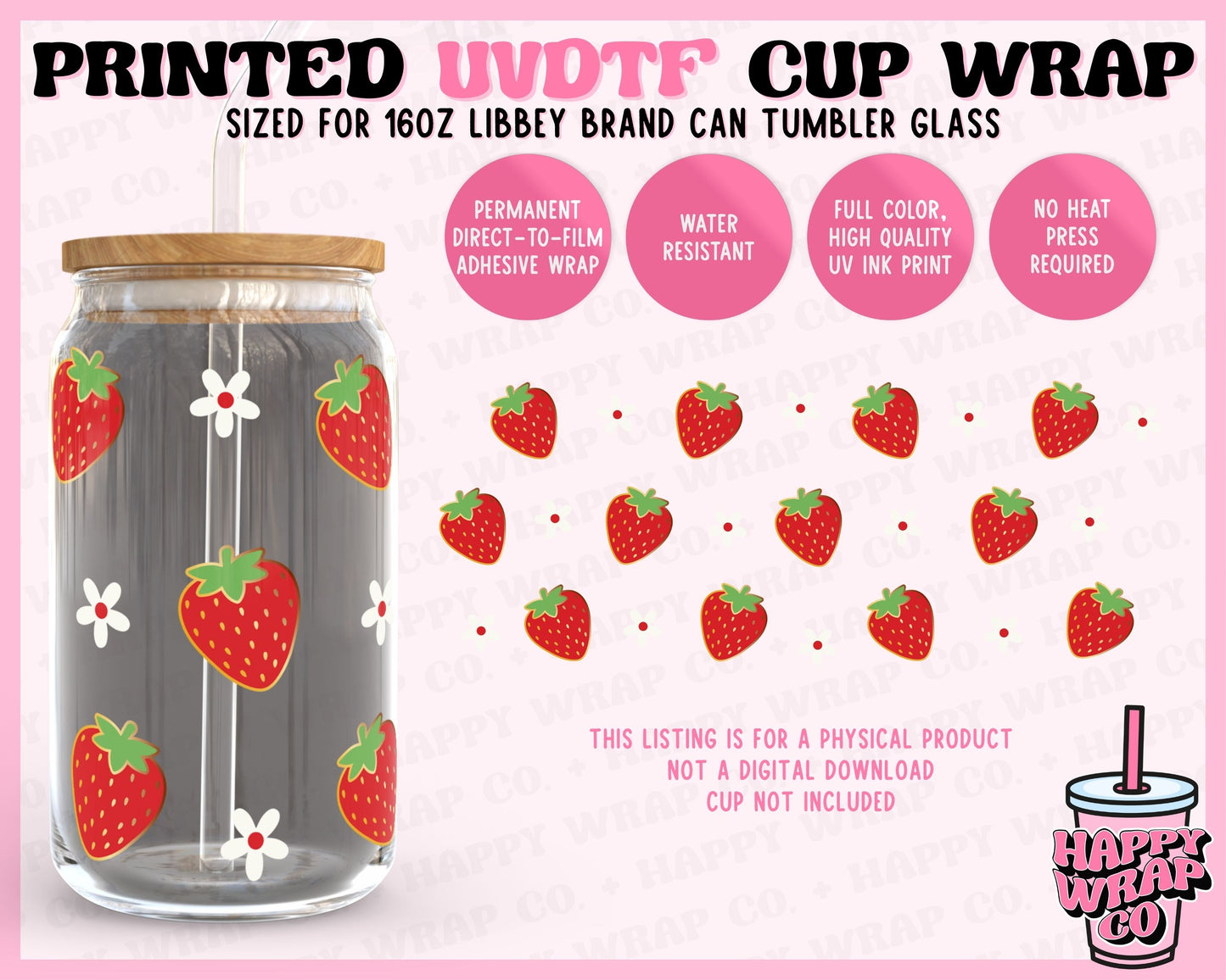 Strawberries and Flowers - UVDTF Beer Can Glass Wrap (Ready-to-Ship)