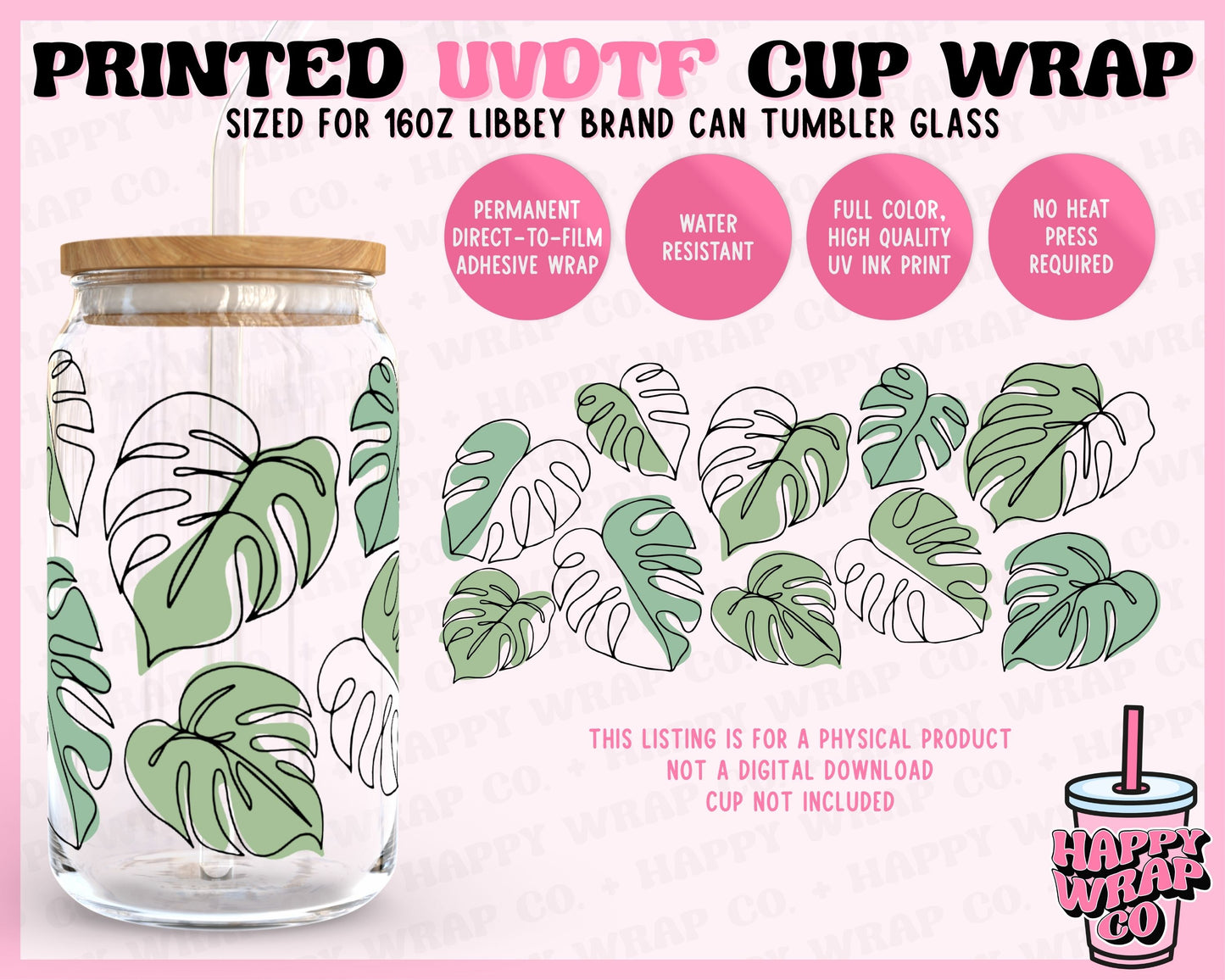 Monstera Leaves - UVDTF Beer Can Glass Wrap (Ready-to-Ship) (Double-Sided)