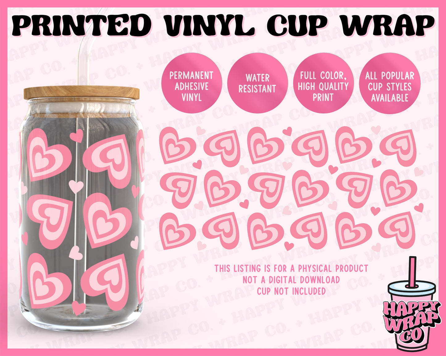 Groovy Pink Love Hearts - Vinyl Beer Can Glass Wrap