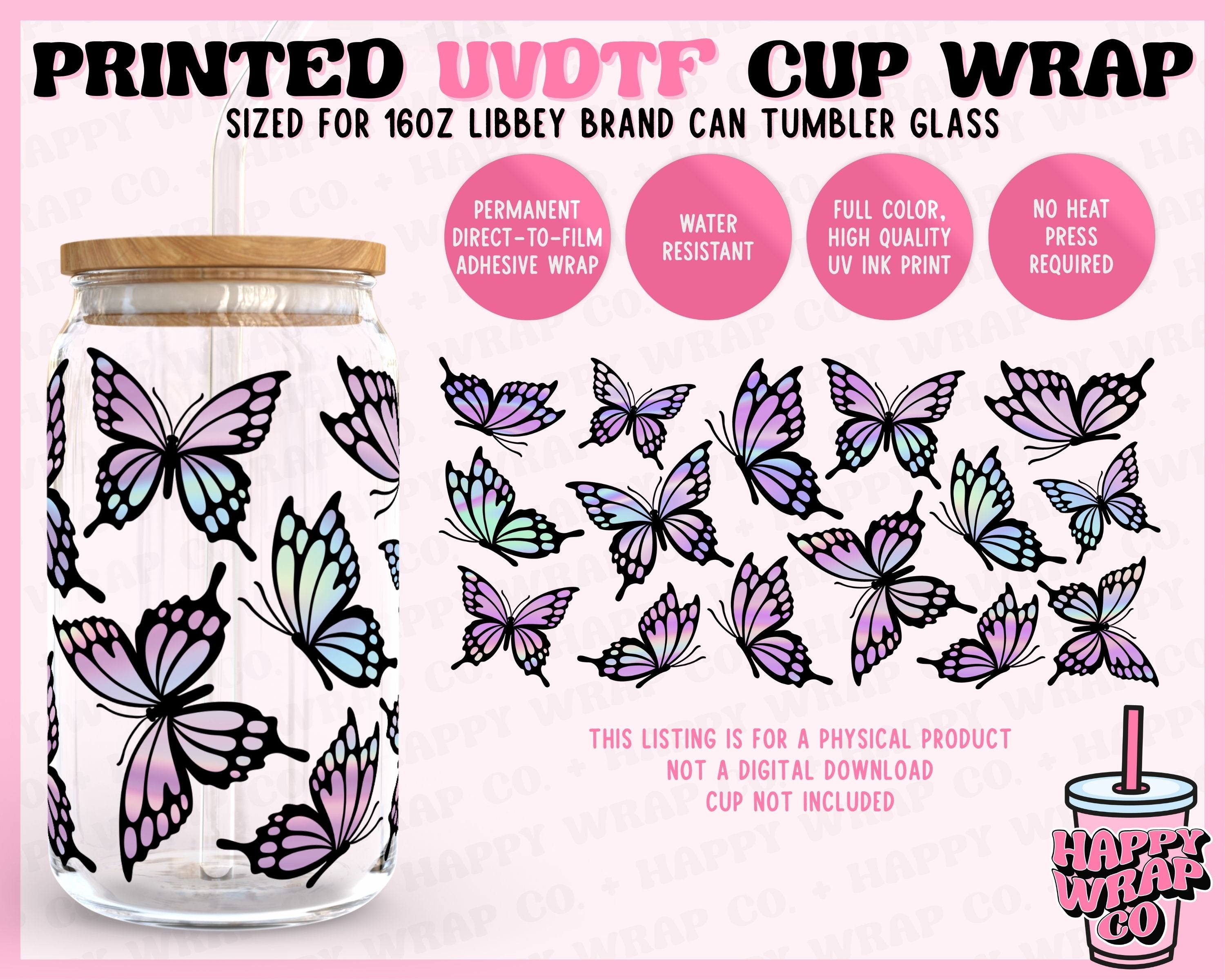 1pc Butterflies Pattern Design UV DTF Cup Wraps For 16 Oz Glass