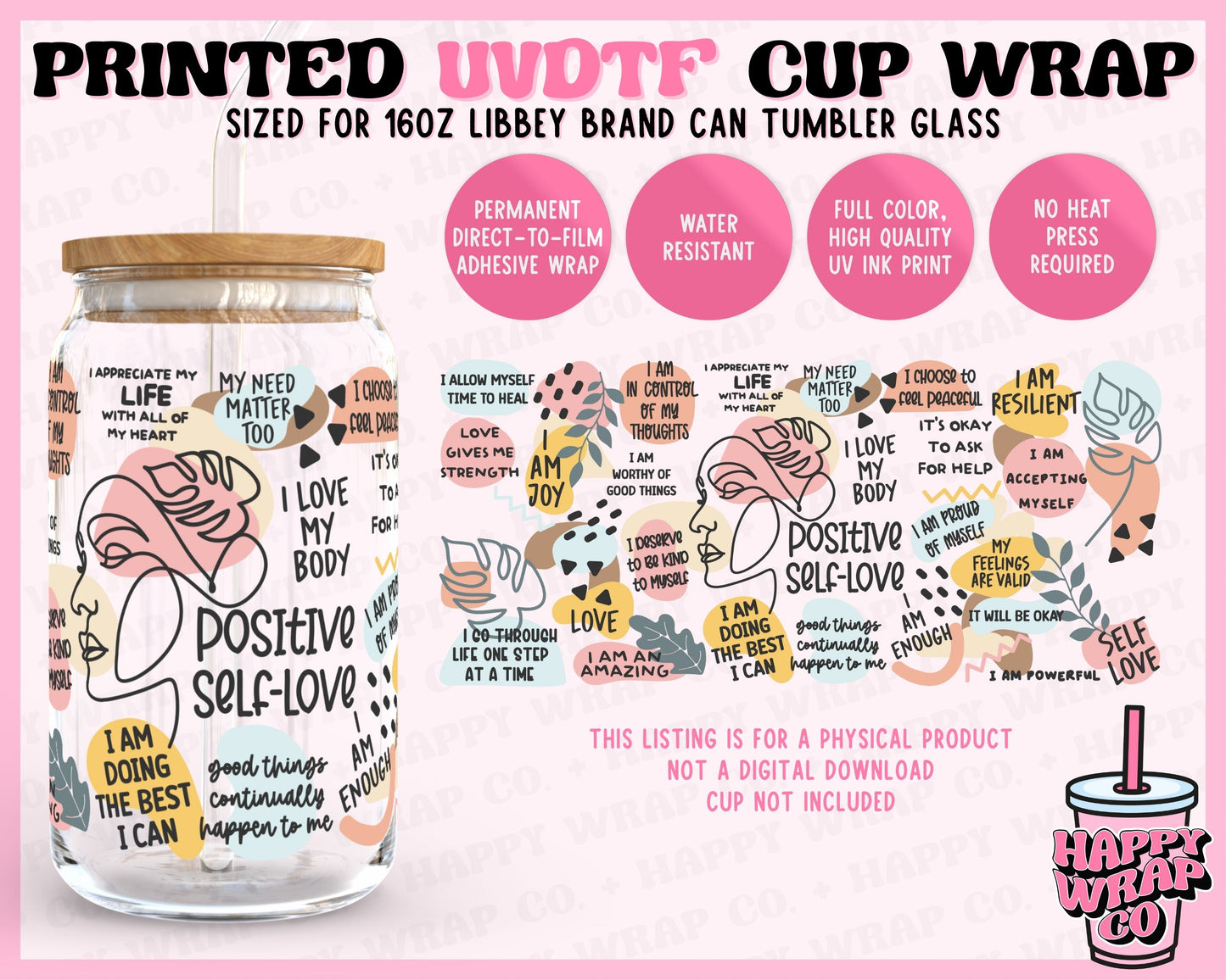 Boho Positive Self-Love - UVDTF Beer Can Glass Wrap (Ready-to-Ship)