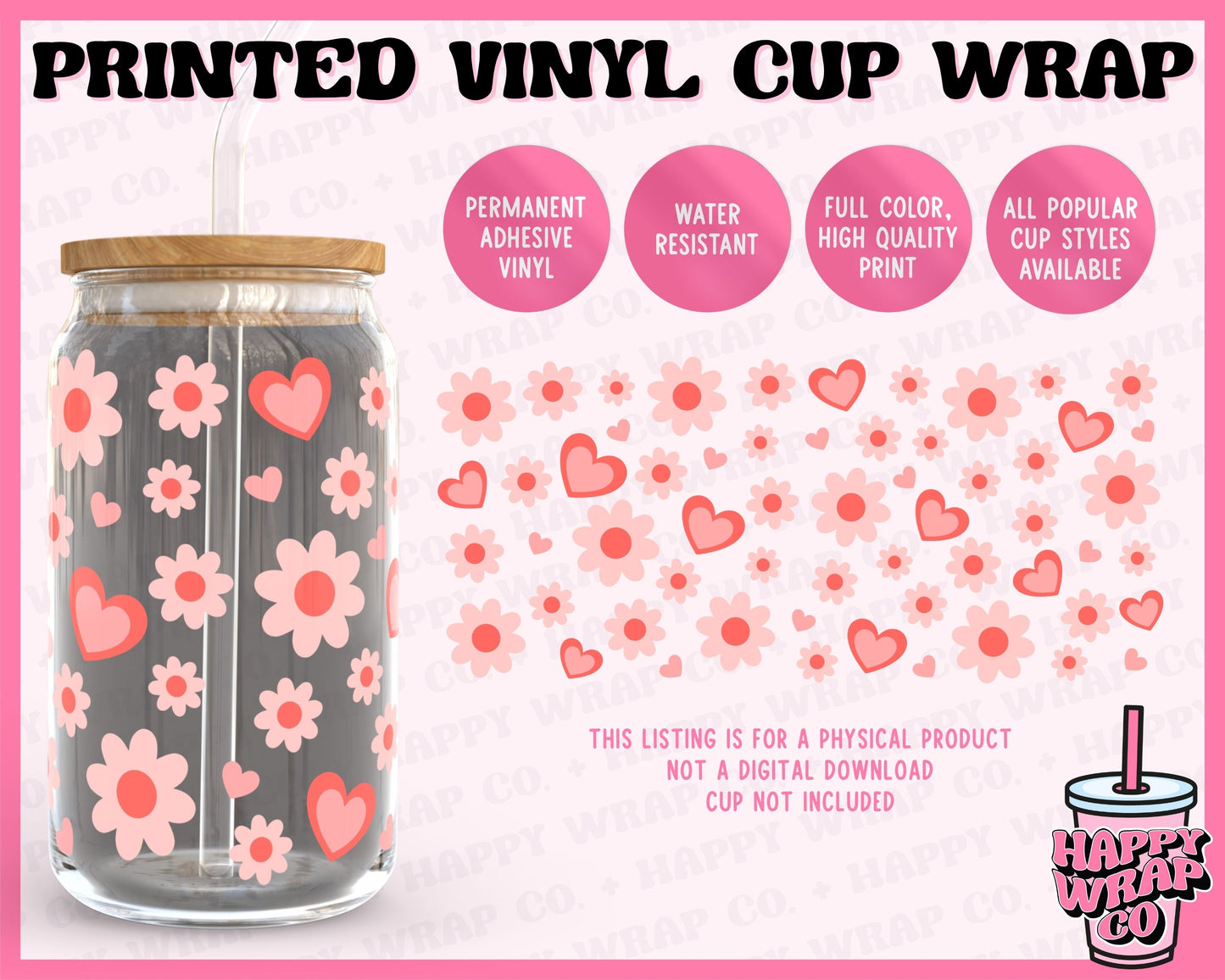 Cute Flowers and Hearts - Vinyl Beer Can Glass Wrap