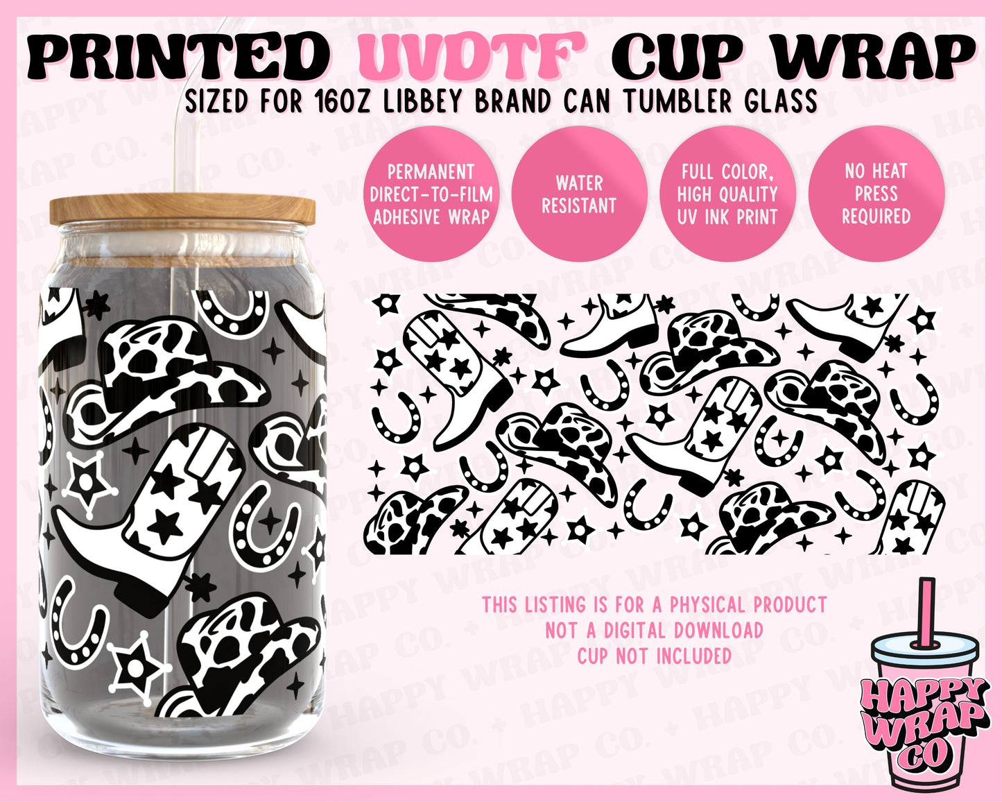Black and White Cowgirl - UVDTF Beer Can Glass Wrap (Ready-to-Ship)
