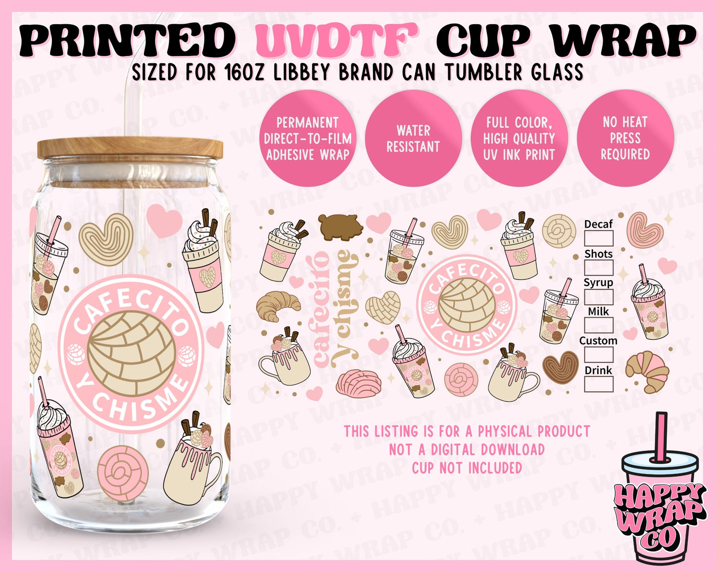 Boho Cafecito y Chisme - UVDTF Beer Can Glass Wrap (Ready-to-Ship)