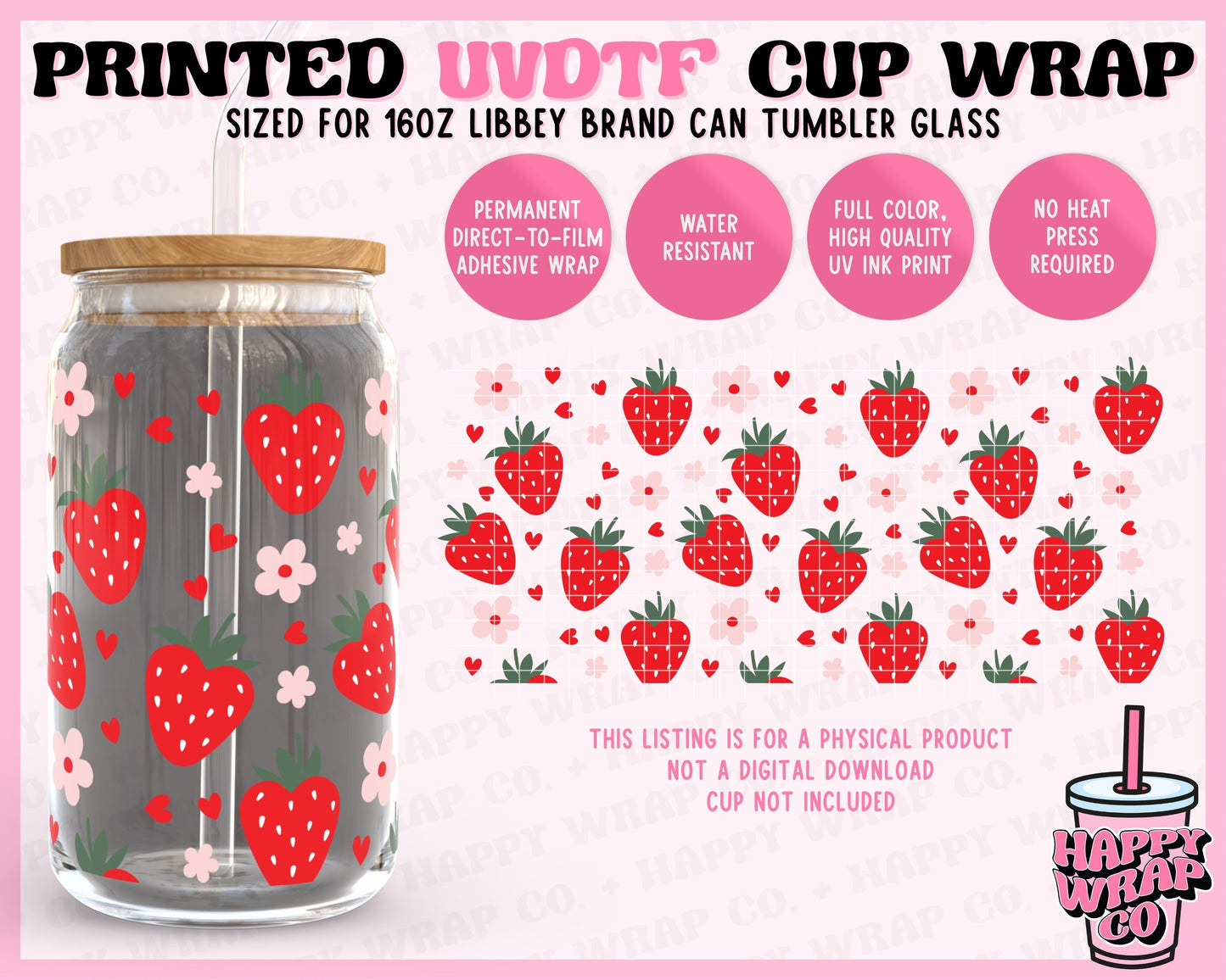 Strawberry Hearts and Flowers - UVDTF Beer Can Glass Wrap (Ready-to-Ship)