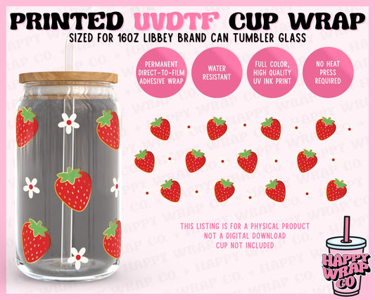 Strawberries and Flowers - UVDTF Beer Can Glass Wrap (Ready-to-Ship)