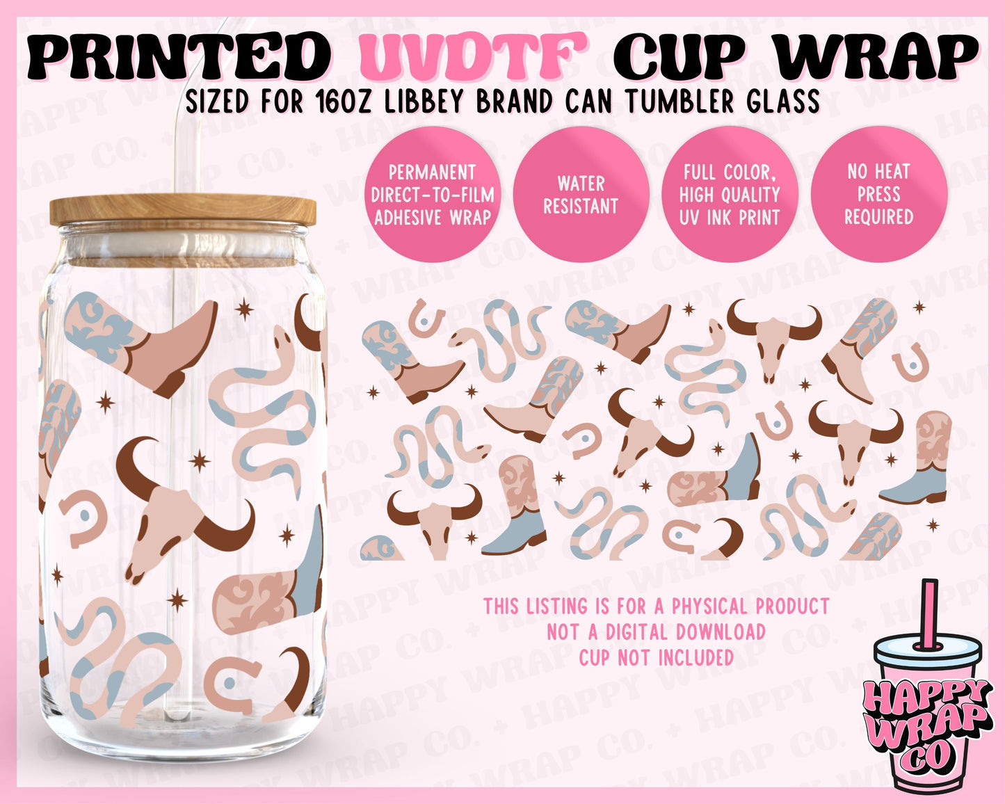 Boho Western - UVDTF Beer Can Glass Wrap (Ready-to-Ship)